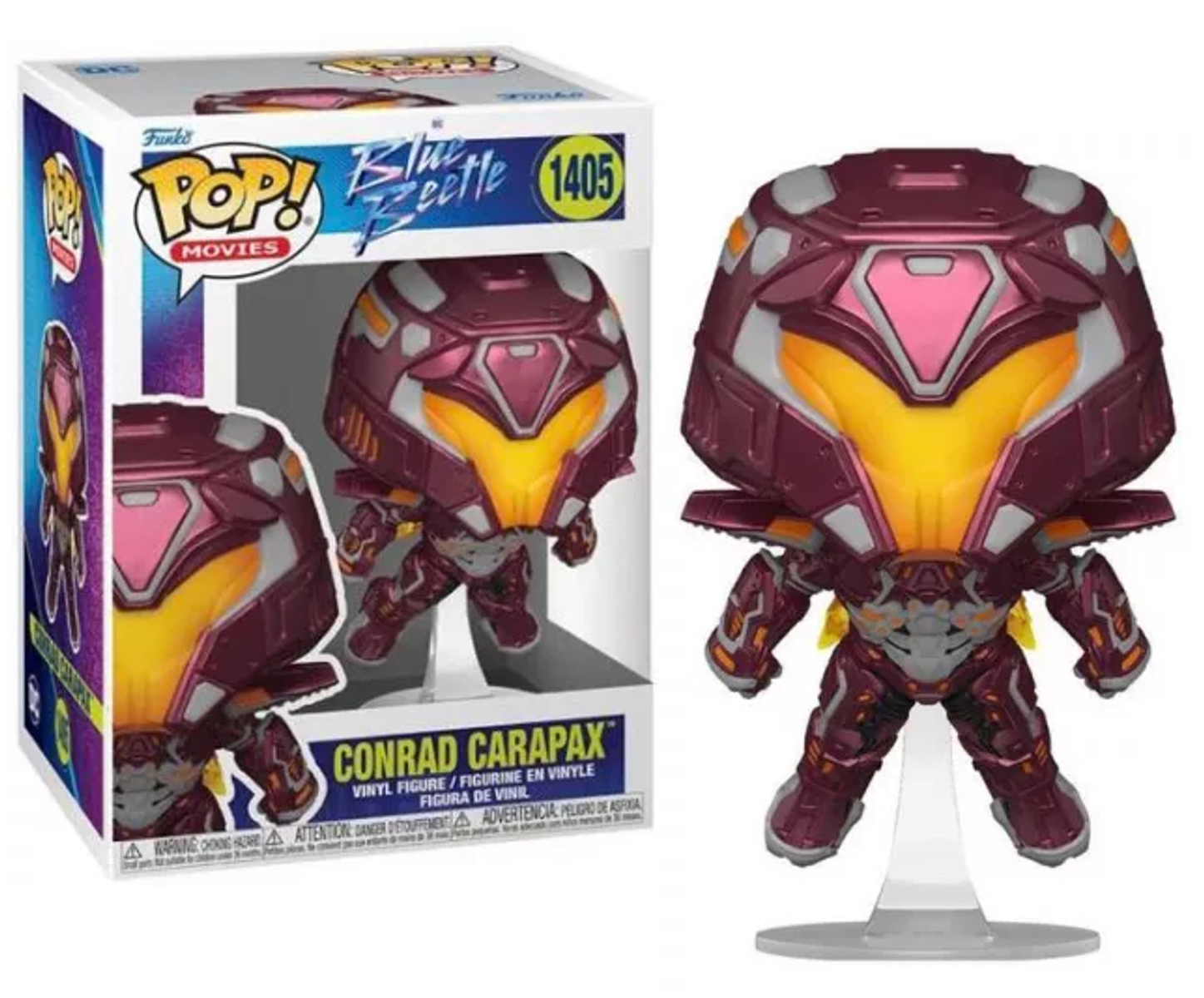 Conrad Carapax Funko Pop Figur. Die Figur trägt eine weinrote und gelbe Rüstung.