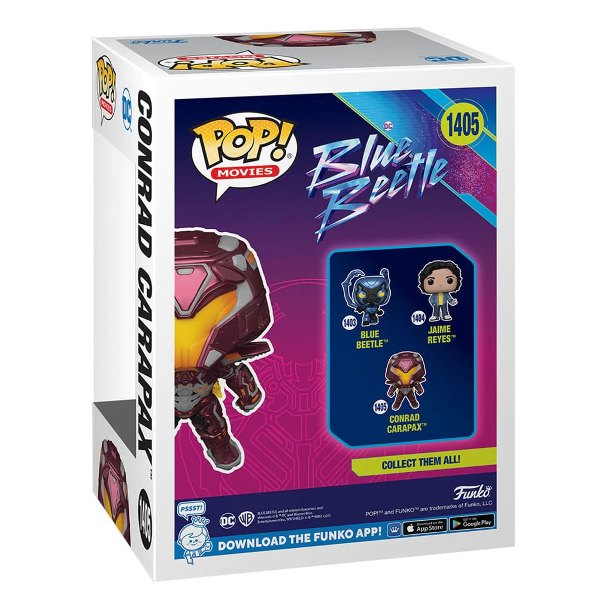 Parte trasera de la caja de Blue Beetle Pop! Movies. Presenta tres figuras y un diseño de cómic.