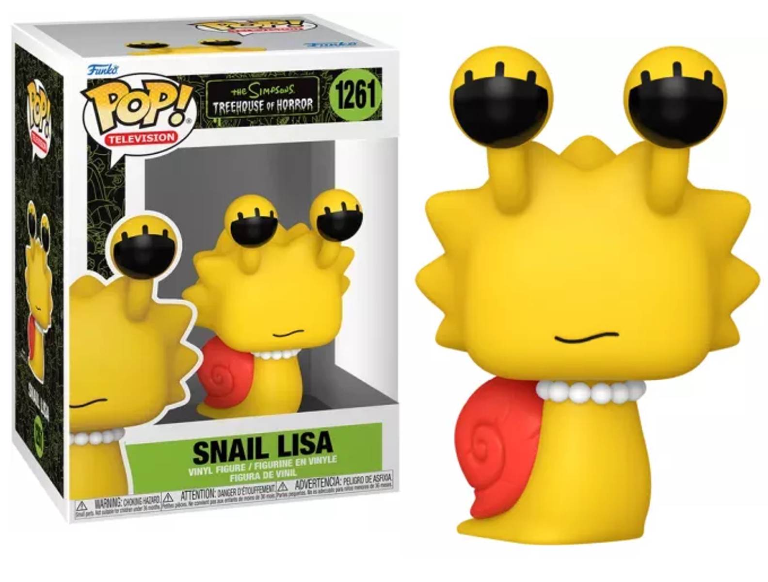Figura Funko Pop di Snail Lisa in scatola e in mostra. Lumaca gialla con guscio rosso e collana di perle.