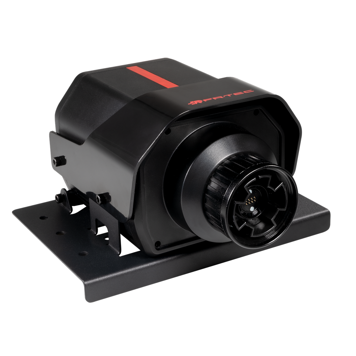 Base del volante Fanatec nero con striscia rossa, montata su base nera.