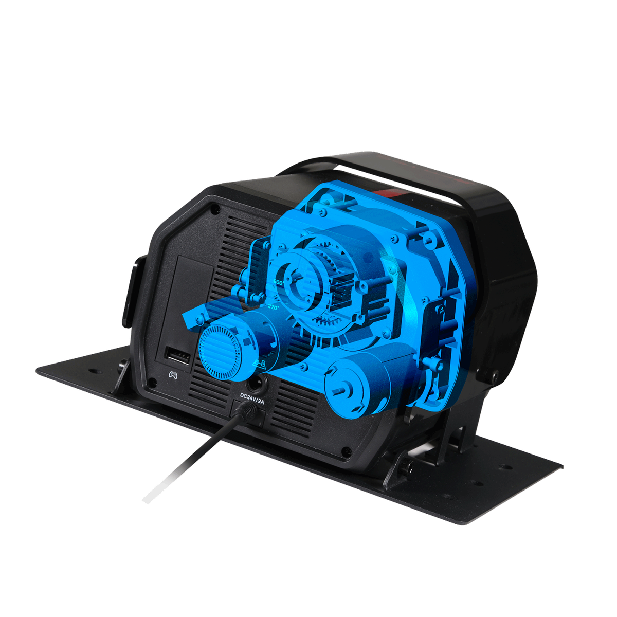 Componente motore nero e blu. Illustrazione chiara delle parti interne.