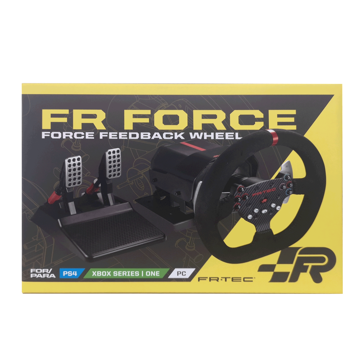 Set volante da corsa FR Force. Include volante, pedali e base per PS4, Xbox e PC. Scatola nera e gialla.