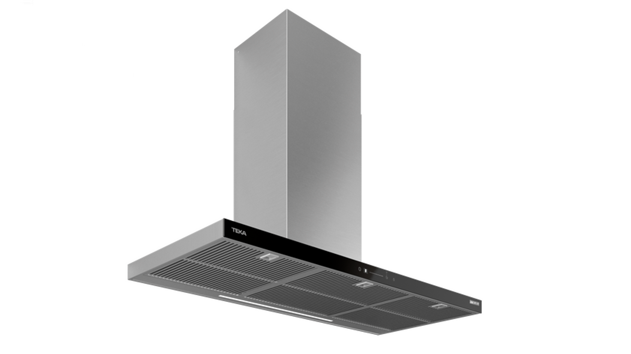 Una campana extractora moderna de acero inoxidable con panel negro y fondo oscuro.