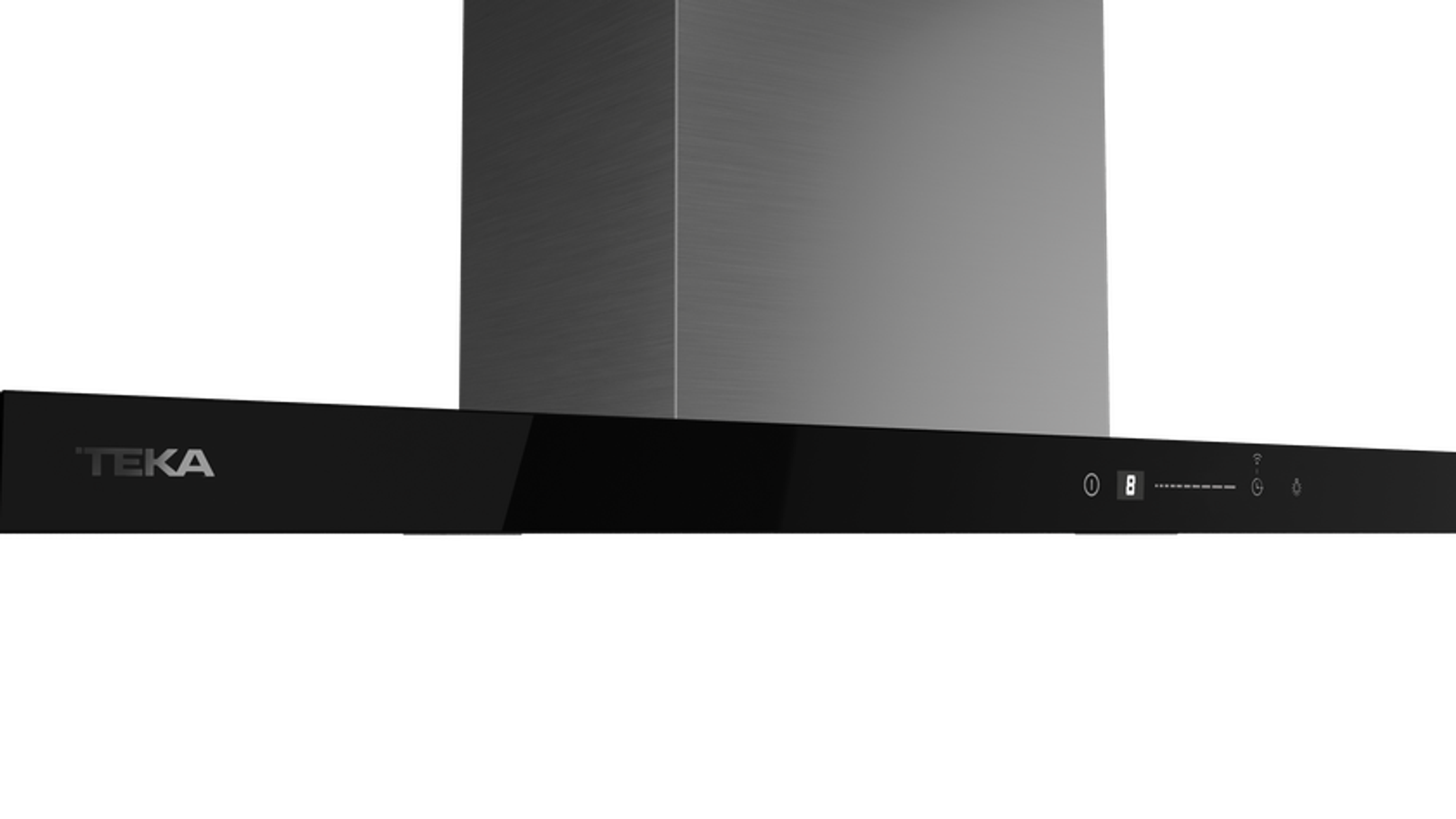 Campana extractora negra con logo TEKA. Pantalla digital y botones de control visibles.