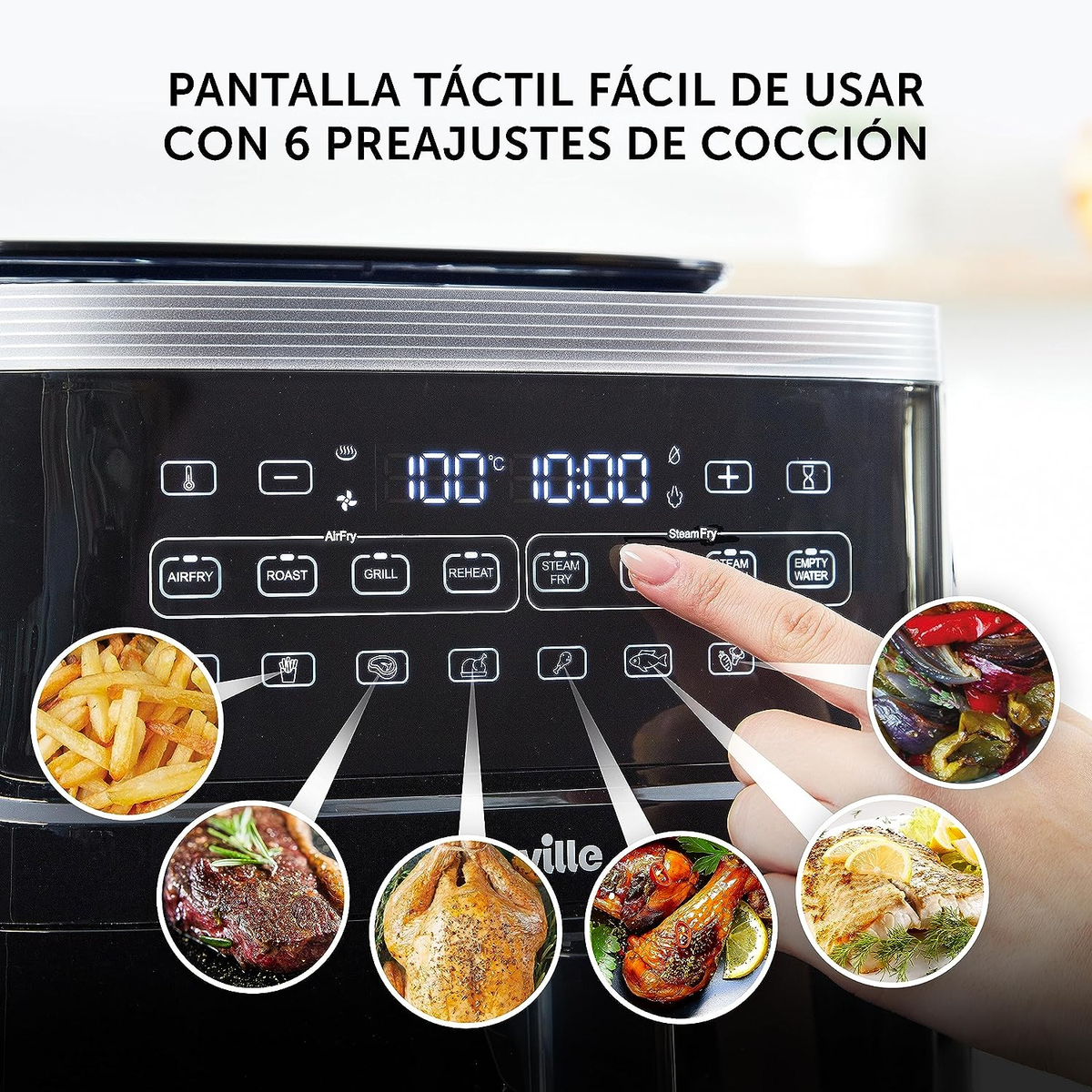 Una freidora de aire con una pantalla que muestra la configuración de cocción y múltiples alimentos a su alrededor.
