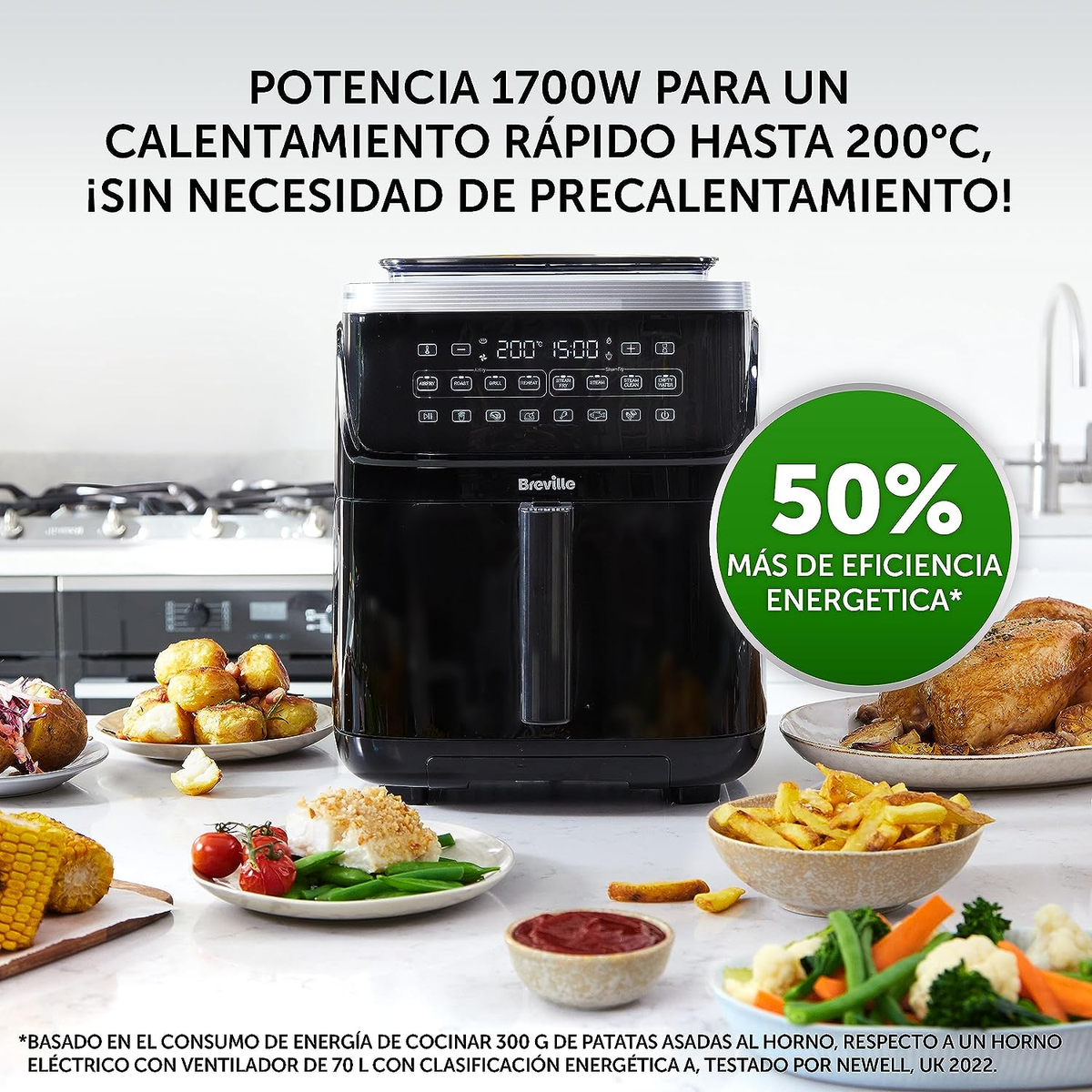 Freidora de aire con comida, texto sobre calentamiento rápido, eficiencia energética y platos.
