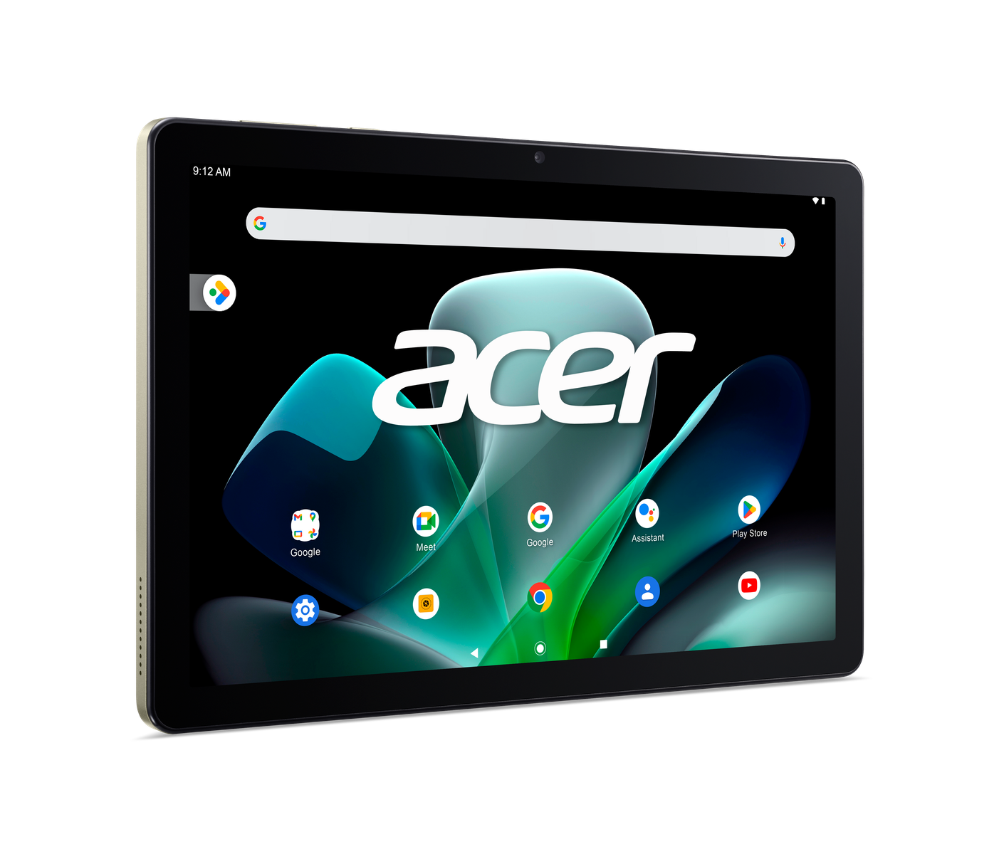 Tablet Acer con il logo Acer sullo schermo, che mostra una vista del desktop, sfondo nero.