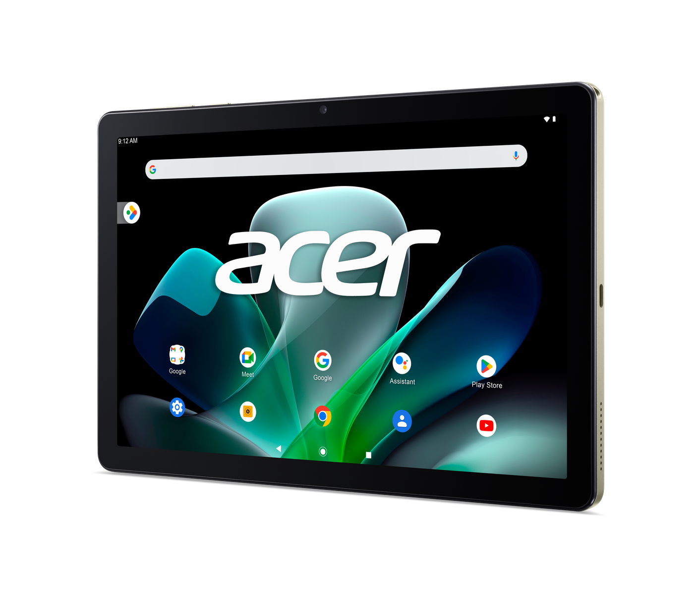 Tablet Acer nero con schermo luminoso, app e logo Acer. Sfondo nero.