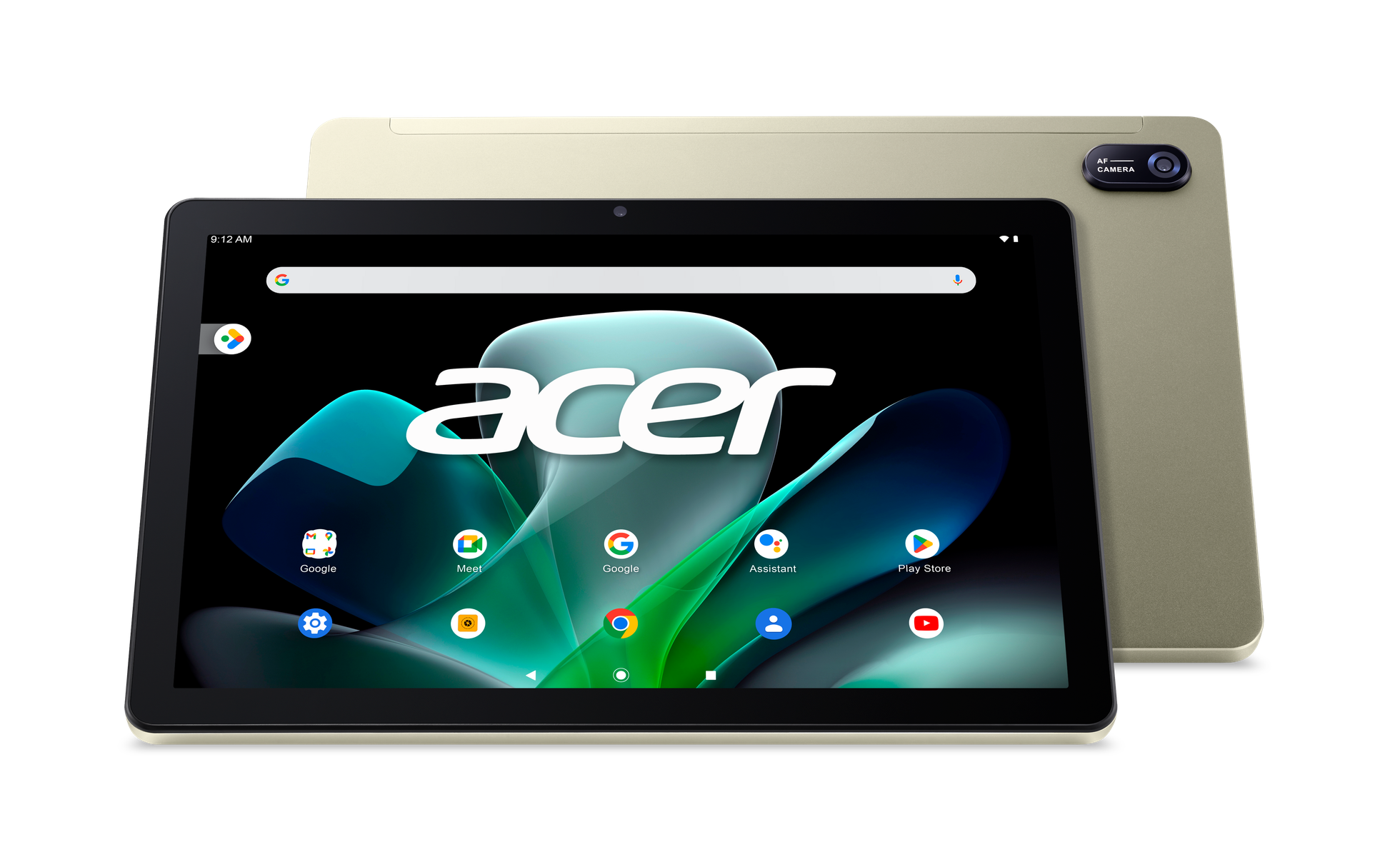 Un tablet Acer che mostra uno schermo con app e una vista posteriore del tablet.