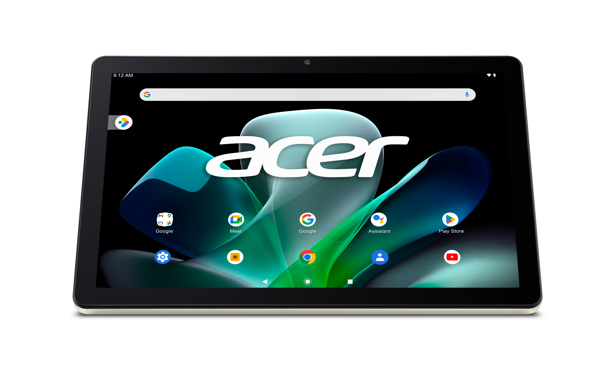 Un tablet Acer mostra la schermata iniziale. È nero e mostra il logo Acer.