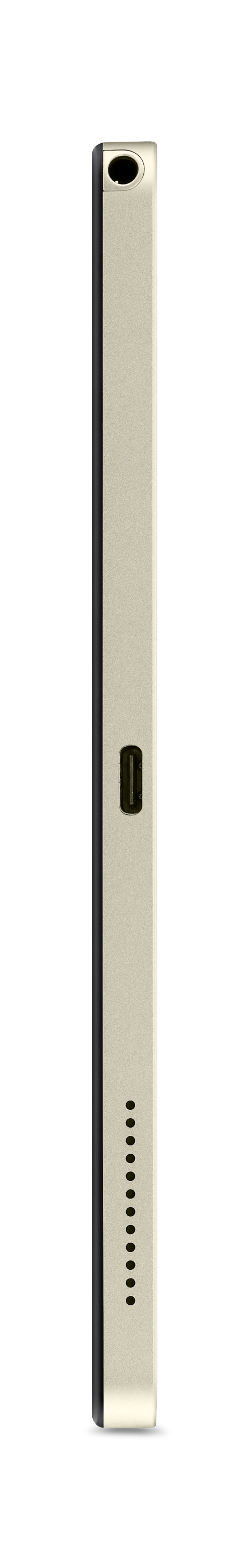 Vista laterale di un dispositivo sottile e chiaro con porta USB e piccoli fori.
