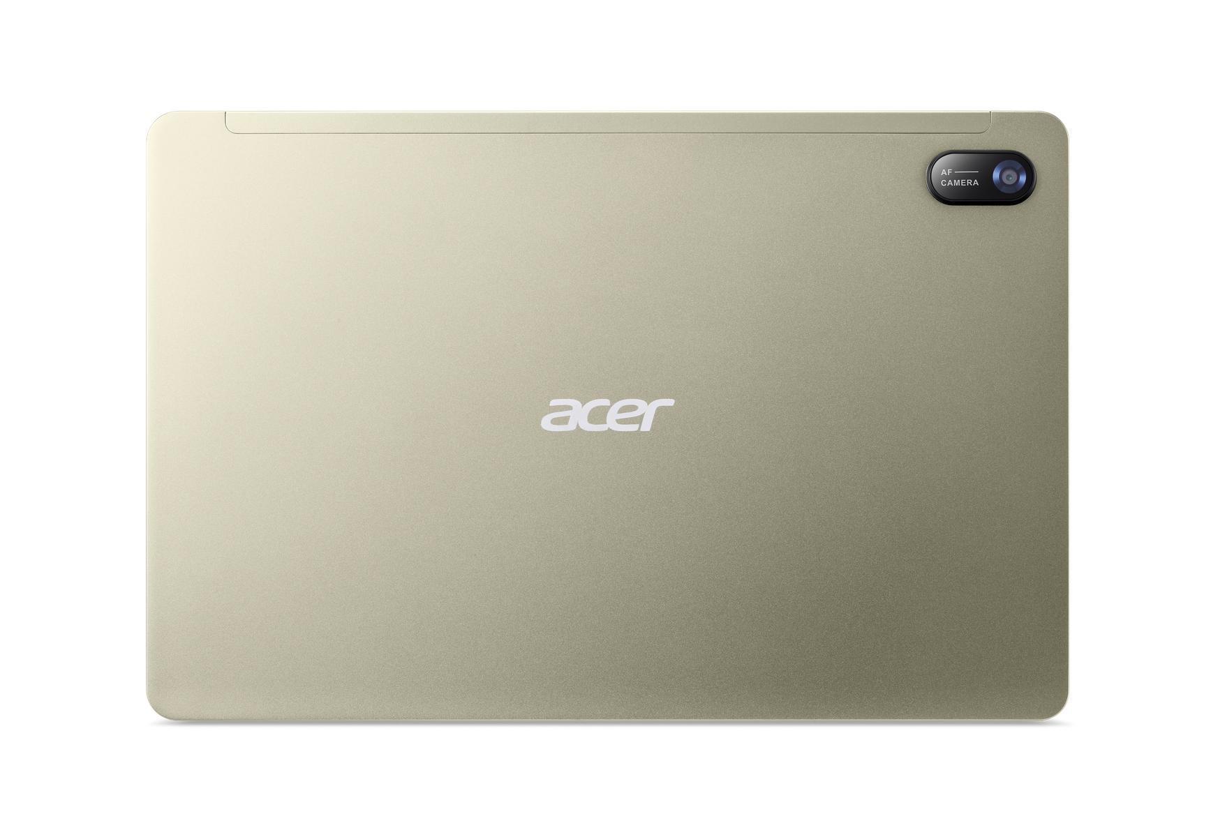 Retro di un tablet Acer dorato con fotocamera. Sfondo nero. Logo Acer.