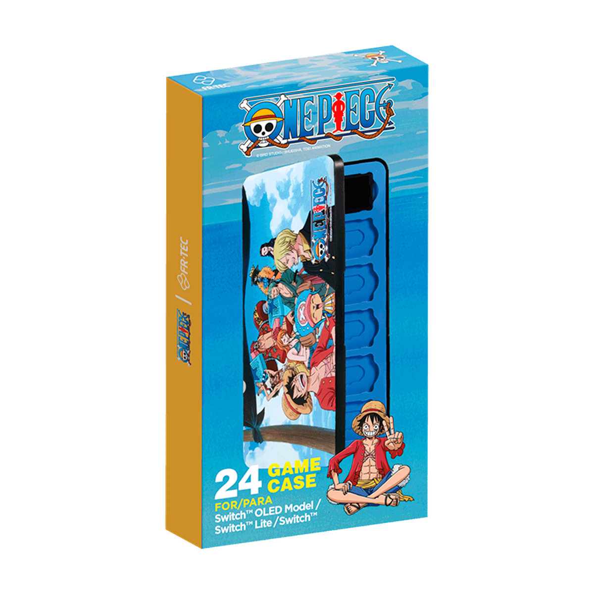 Caja del juego One Piece con personajes y una funda azul.