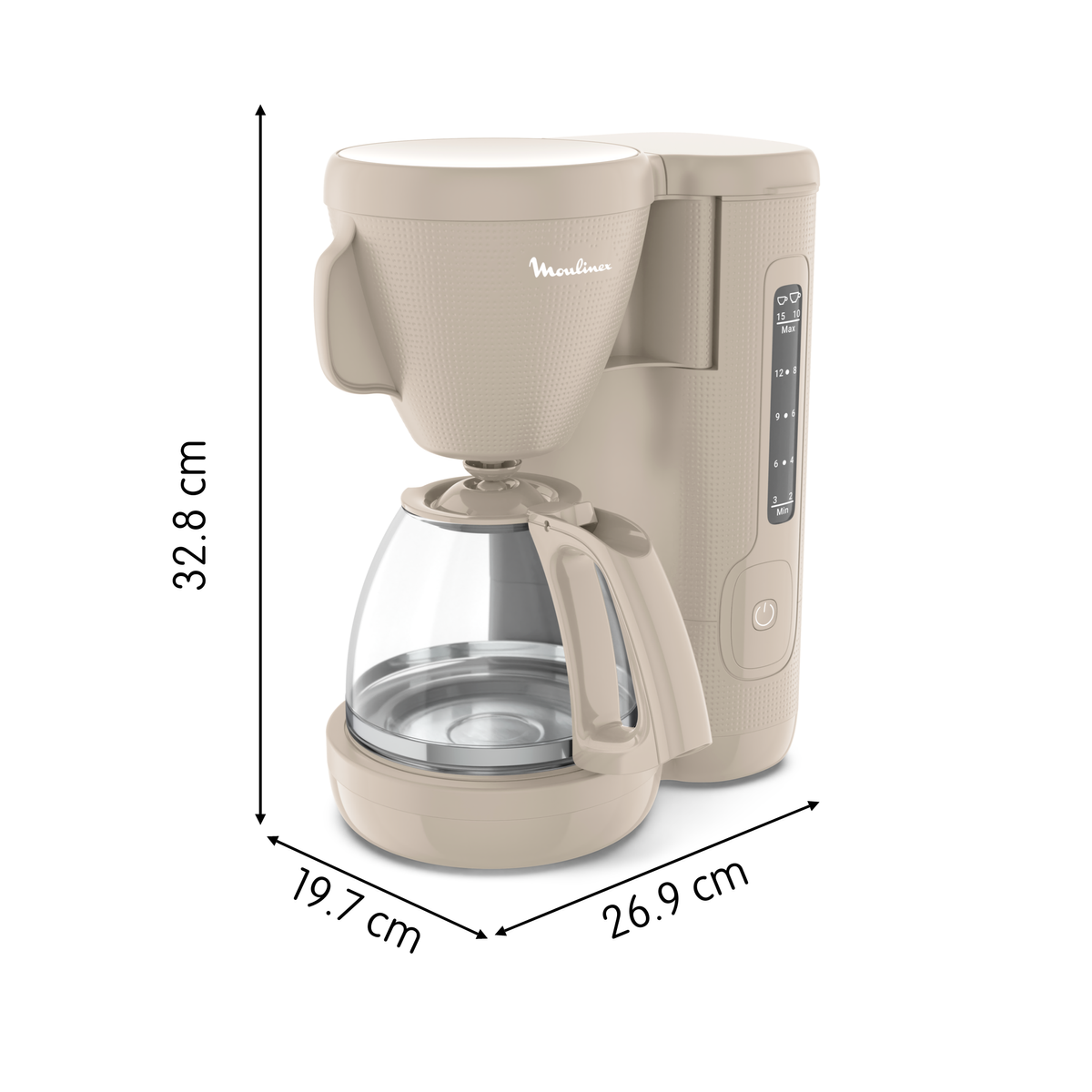 Cafetera Moulinex beige. Jarra de cristal. Se muestran las dimensiones.