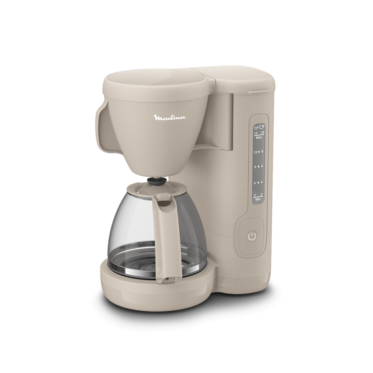Una cafetera Moulinex beige sobre una alfombrilla gris; se ve una jarra de vidrio.