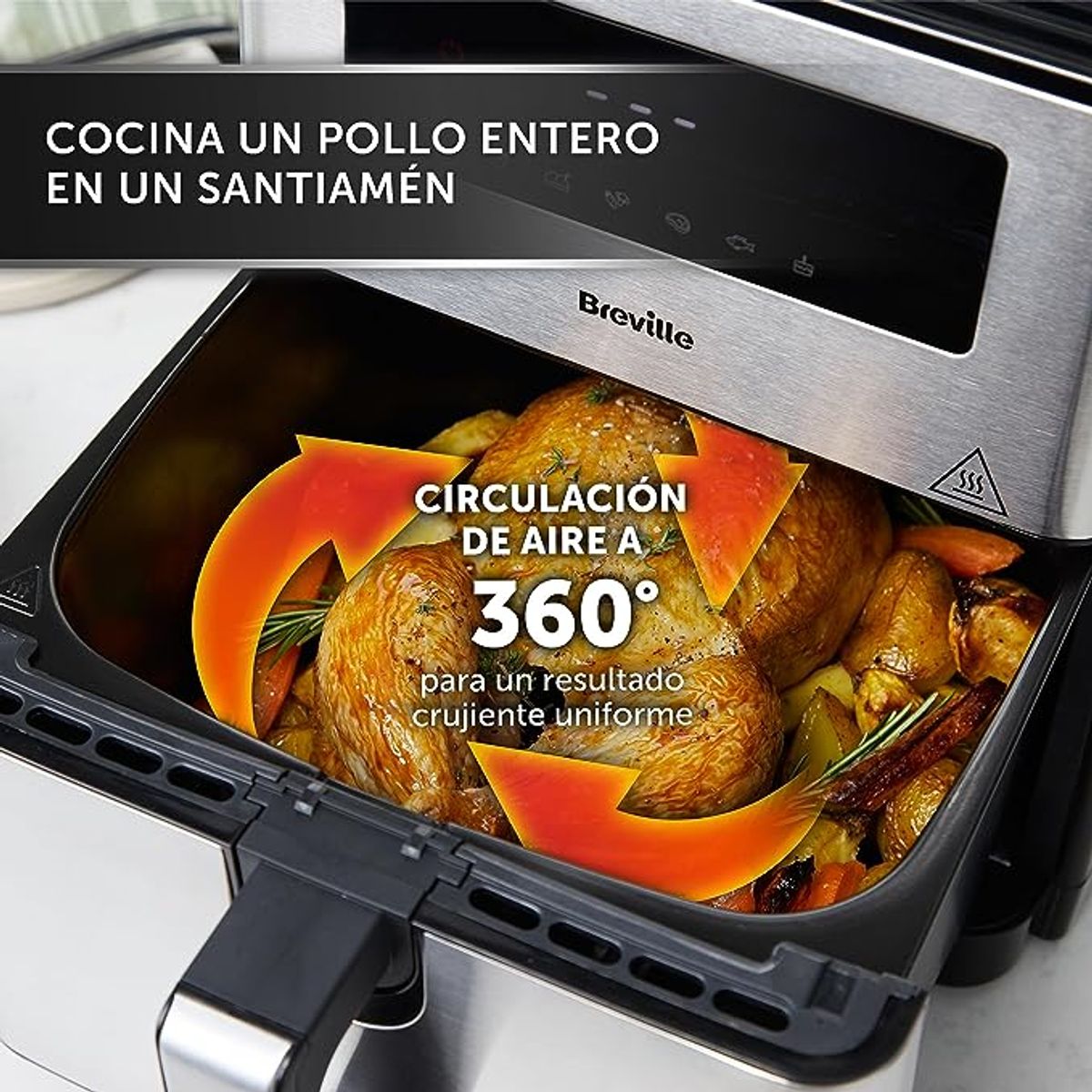 Una freidora de aire con un pollo cocinado dentro, con flechas que muestran la circulación del aire.