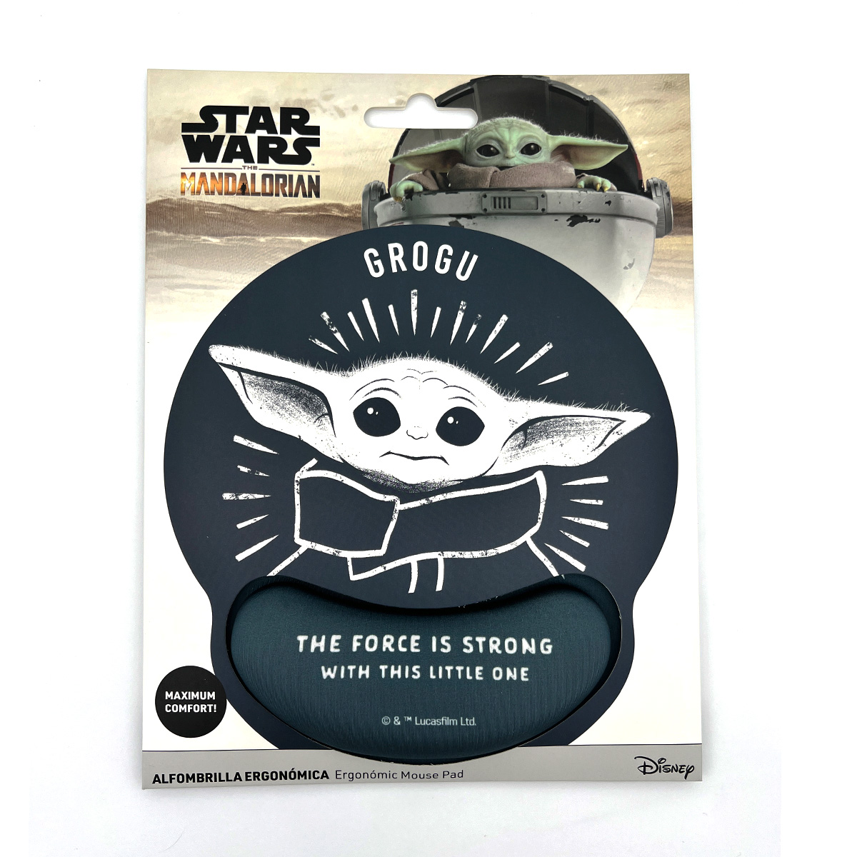Tappetino per mouse Star Wars Grogu. Immagine di Grogu al centro. Testo: The Force is Strong. Sfondo bianco.