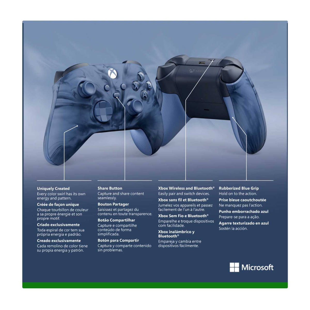 Zwei blau-schwarze Xbox-Controller mit Textbeschriftungen. Einer zeigt nach vorn, der andere die Rückseite.