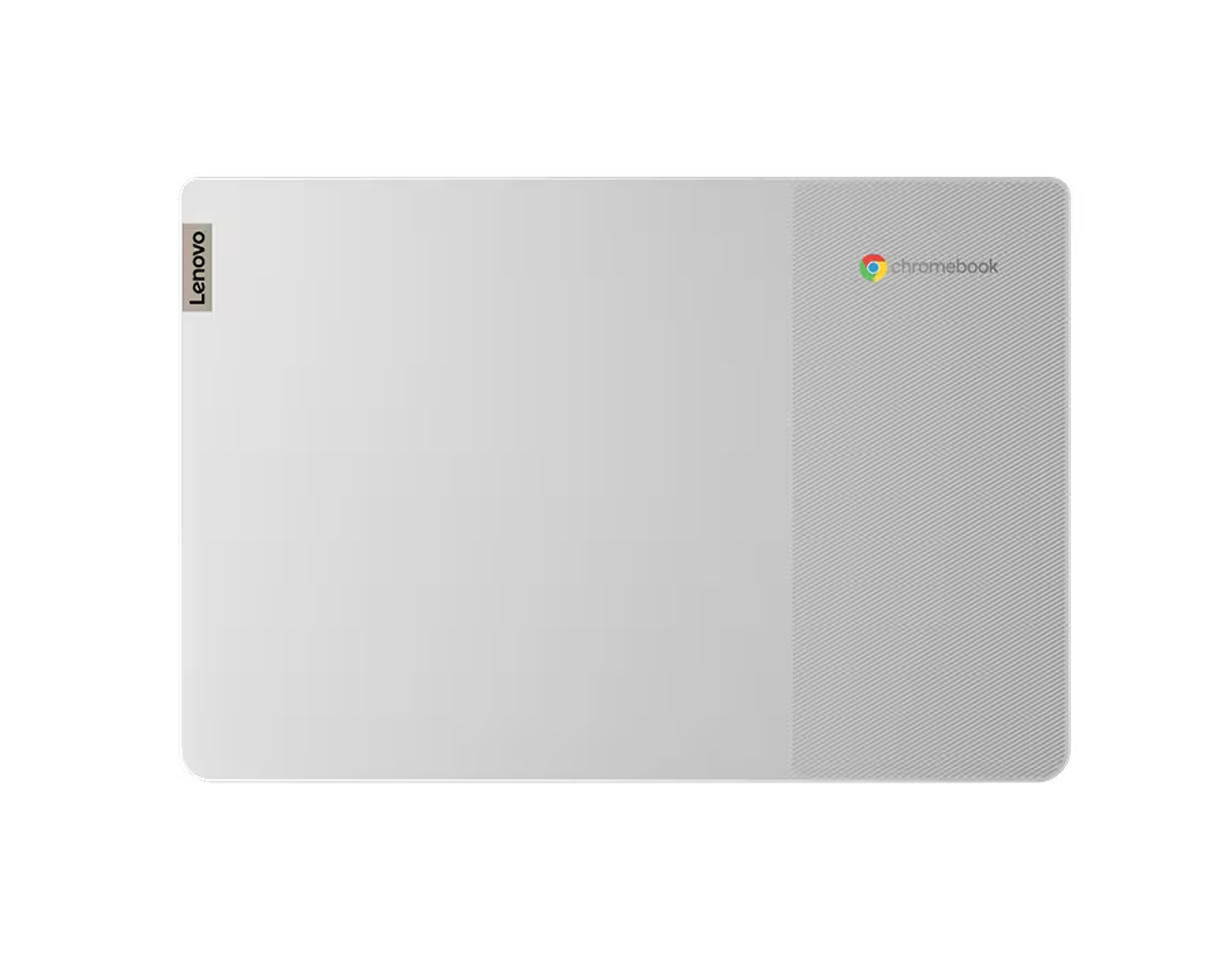 Chromebook Lenovo blanco, cerrado, vista superior. Bisagra plateada y logo chromebook a la derecha.