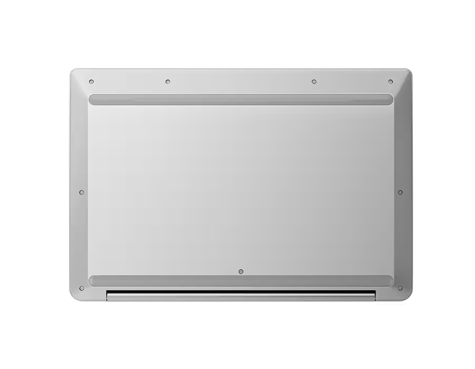 Base de portátil gris claro con tornillos. Tiene forma rectangular y está sobre fondo negro.