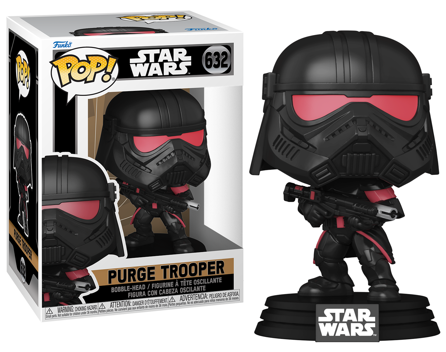 Figura Purge Trooper. Armatura nera, visiera rossa, in scatola. Scatola con logo Star Wars.