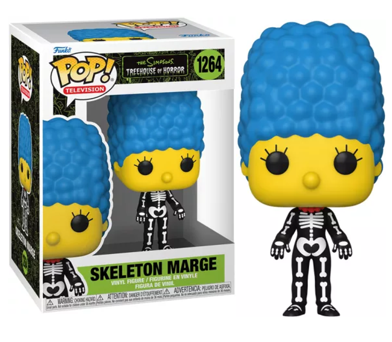 Marge Simpson Funko Pop figuur in skelet kostuum, met doos, witte achtergrond.