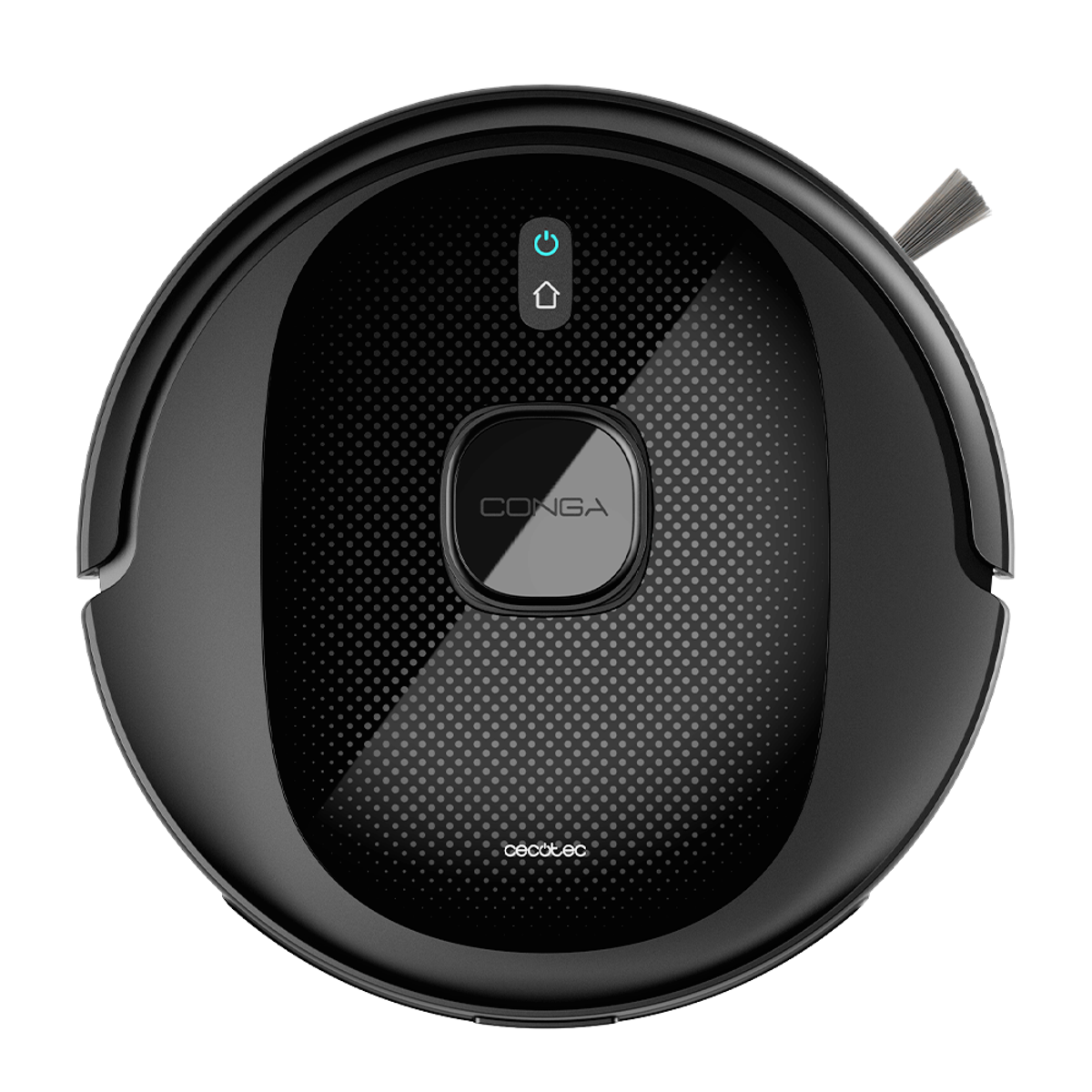 Aspirateur robot Cecotec Conga noir, vue de dessus, avec bouton d'alimentation et logo.