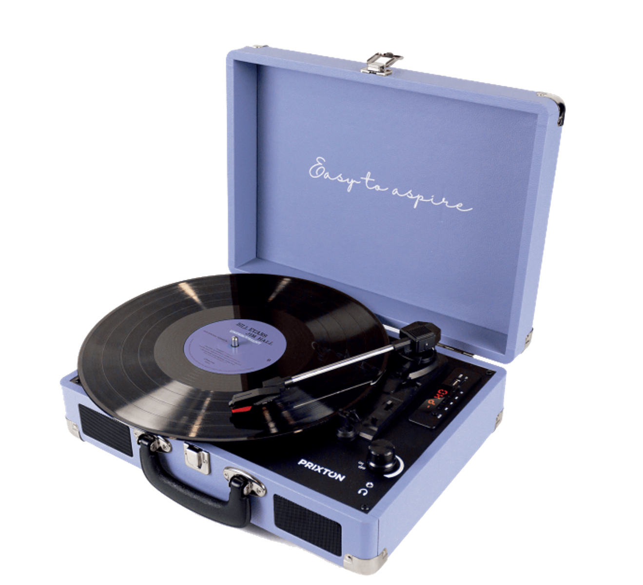 Niebieski gramofon, otwarty, z płytą, czarne tło.