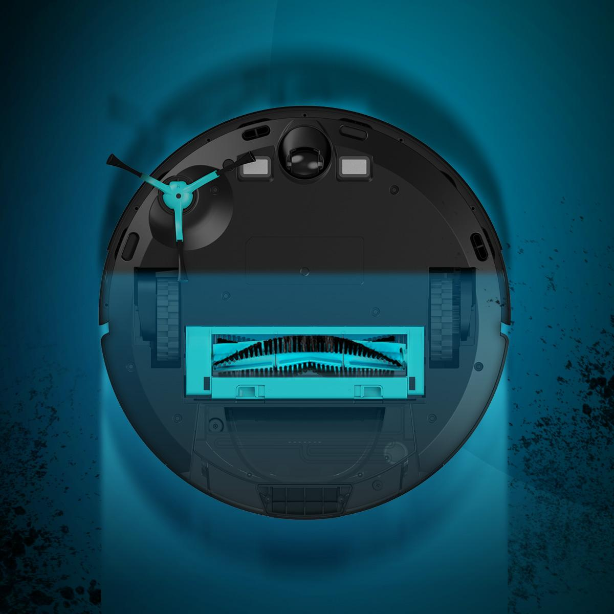 Vue de dessous d'un aspirateur robot noir avec des brosses teal et un fond dégradé bleu.