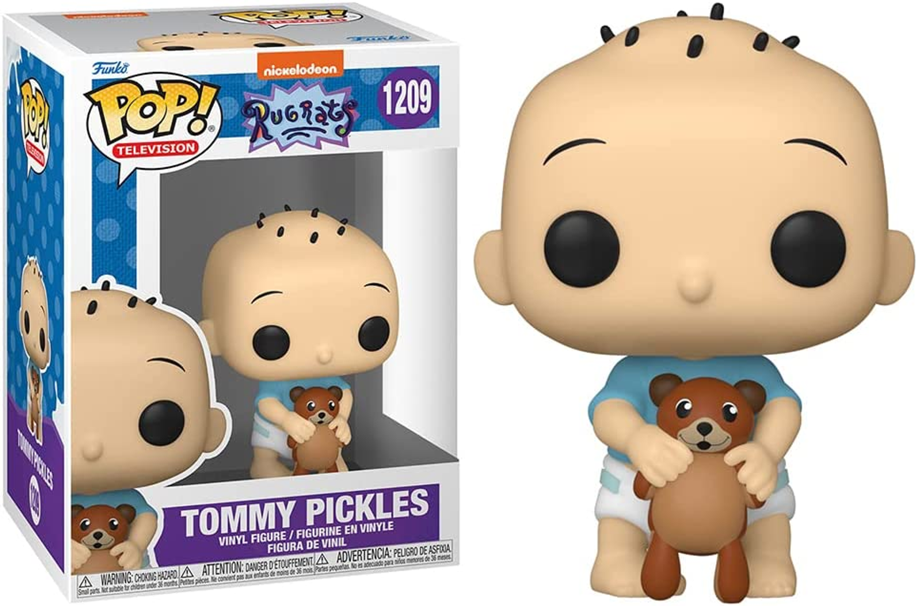 Funko Pop! personaggio di Tommy Pickles con un orsacchiotto. La scatola è visibile con un logo Nickelodeon.