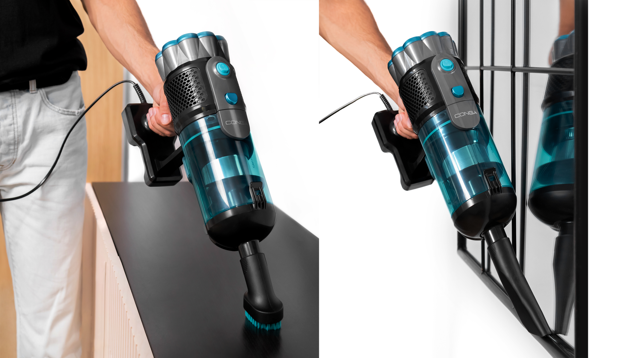 Osoba trzyma bezprzewodowy odkurzacz. Odkurzacz jest czarny i morski. Osoba znajduje się w otoczeniu domowym.
