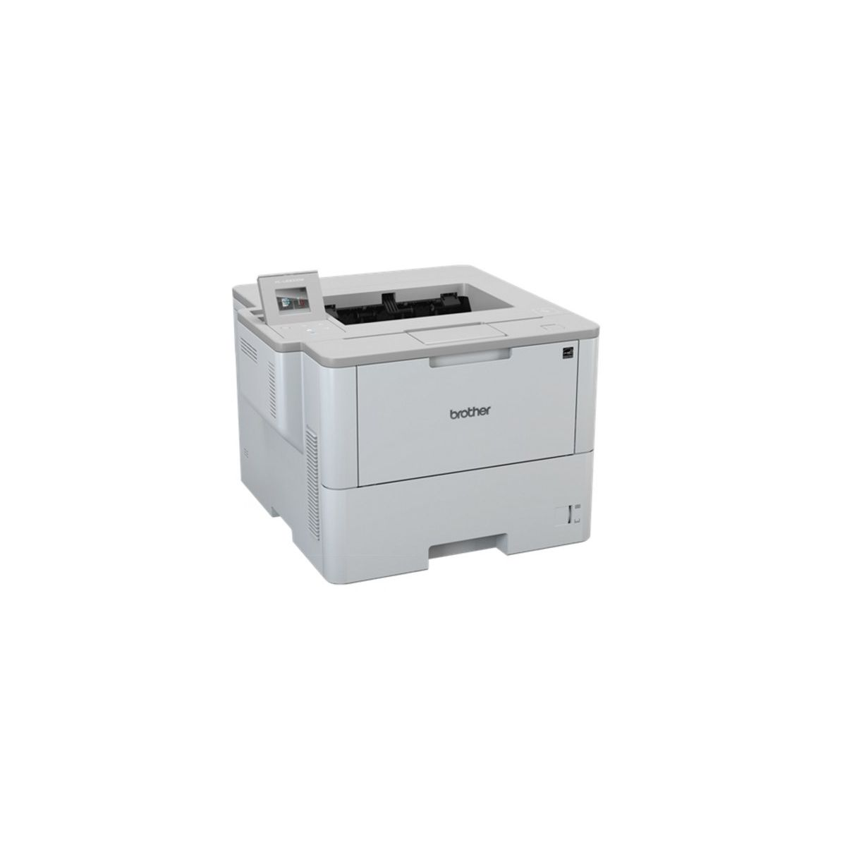 Ein weißer Brother-Laserdrucker auf weißem Hintergrund, aus leicht erhöhter Perspektive betrachtet.
