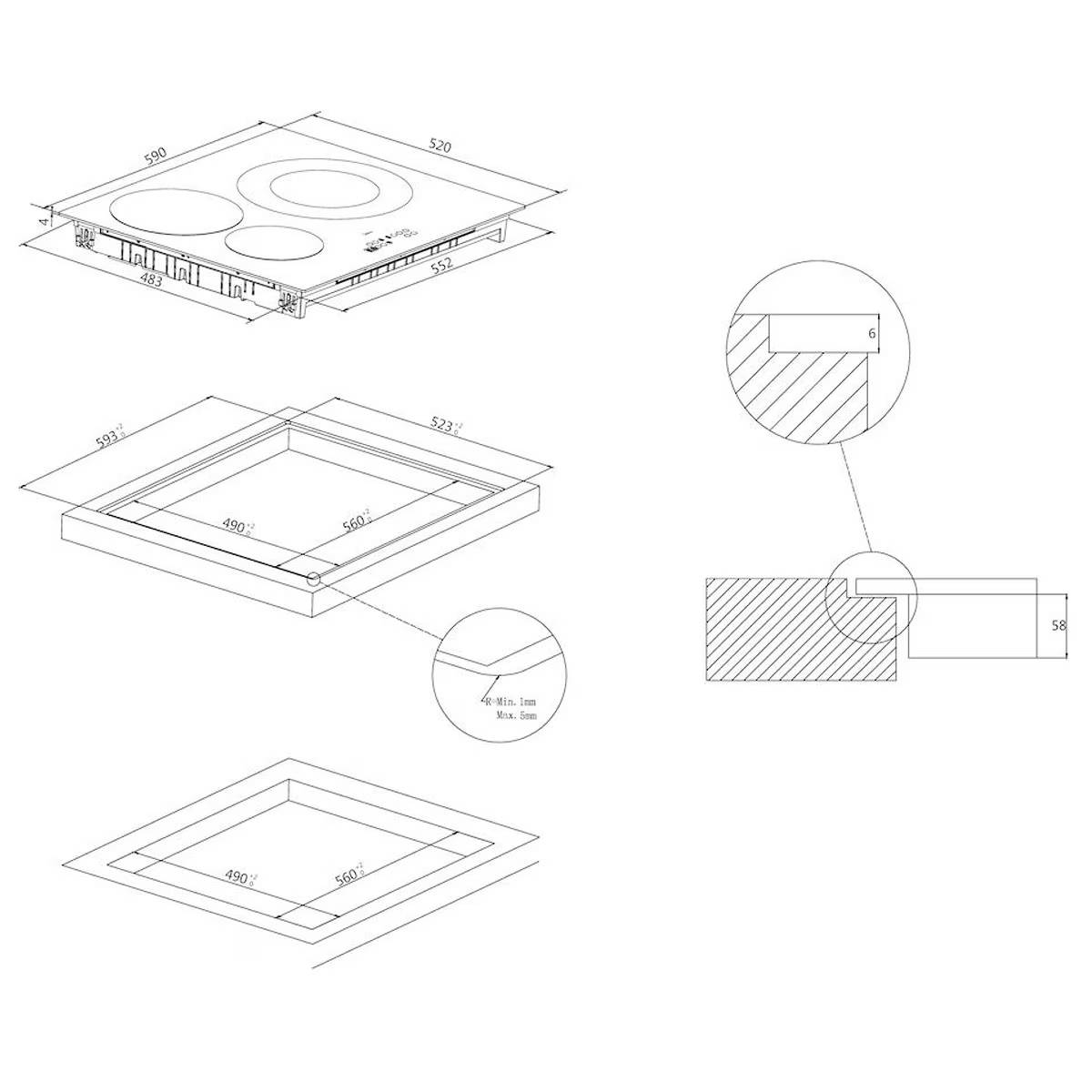 Rysunki techniczne płyty grzejnej i jej wymiarów, łącznie ze specyfikacjami wycięcia.