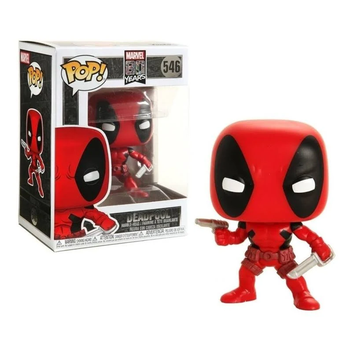 Deadpool-Figur mit Waffen, rot-schwarzem Kostüm, in Verpackung. Die Box hat das Pop!-Logo und Deadpool-Bild.