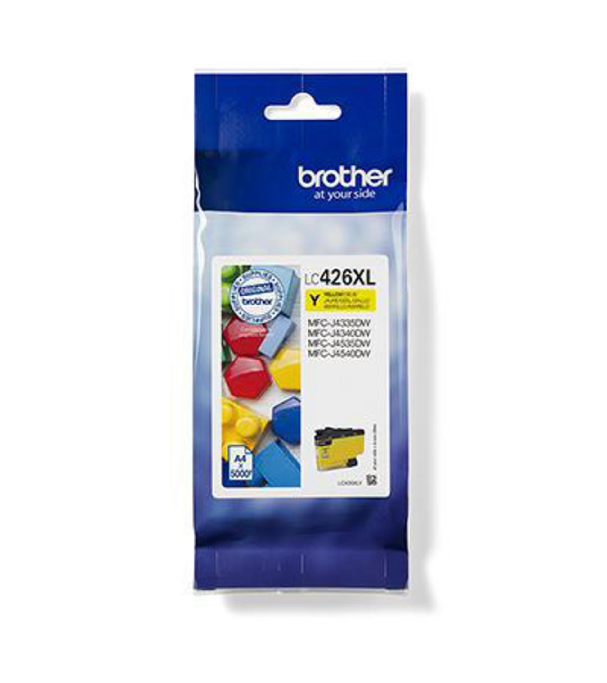 Opakowanie wkładu atramentowego Brother LC426XL. Żółty atrament i kolorowe kształty.