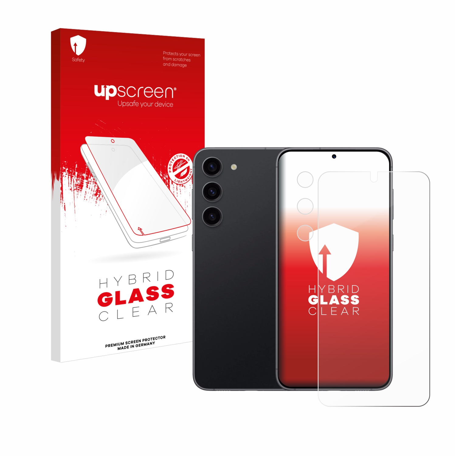 Displayschutzfolien-Kit mit Box und Telefon. Schutz auf dem Telefon. Box mit Displayschutzfolienbild.