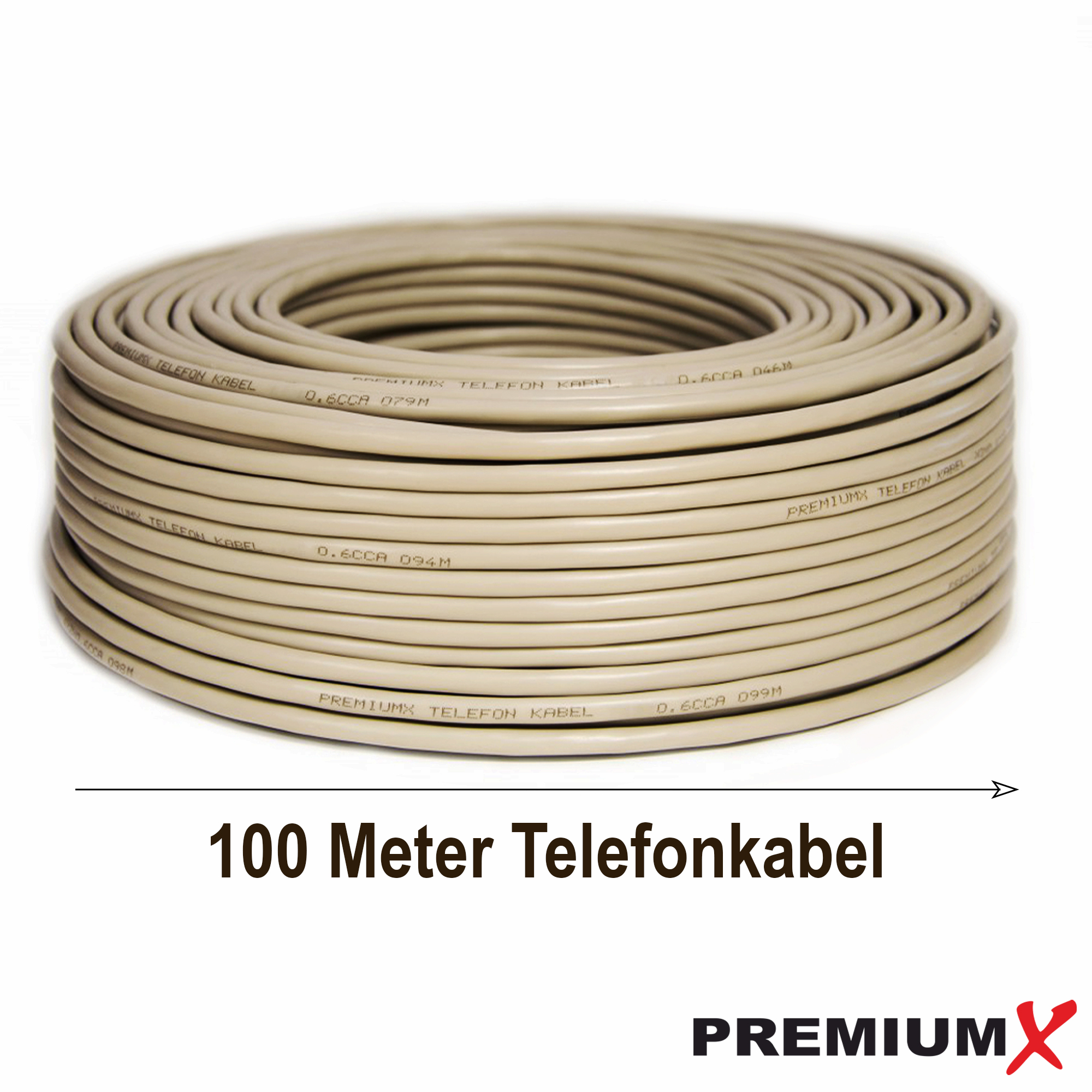 Aufgerolltes beiges Telefonkabel mit schwarzem Pfeil und Text: 100 Meter Telefonkabel.