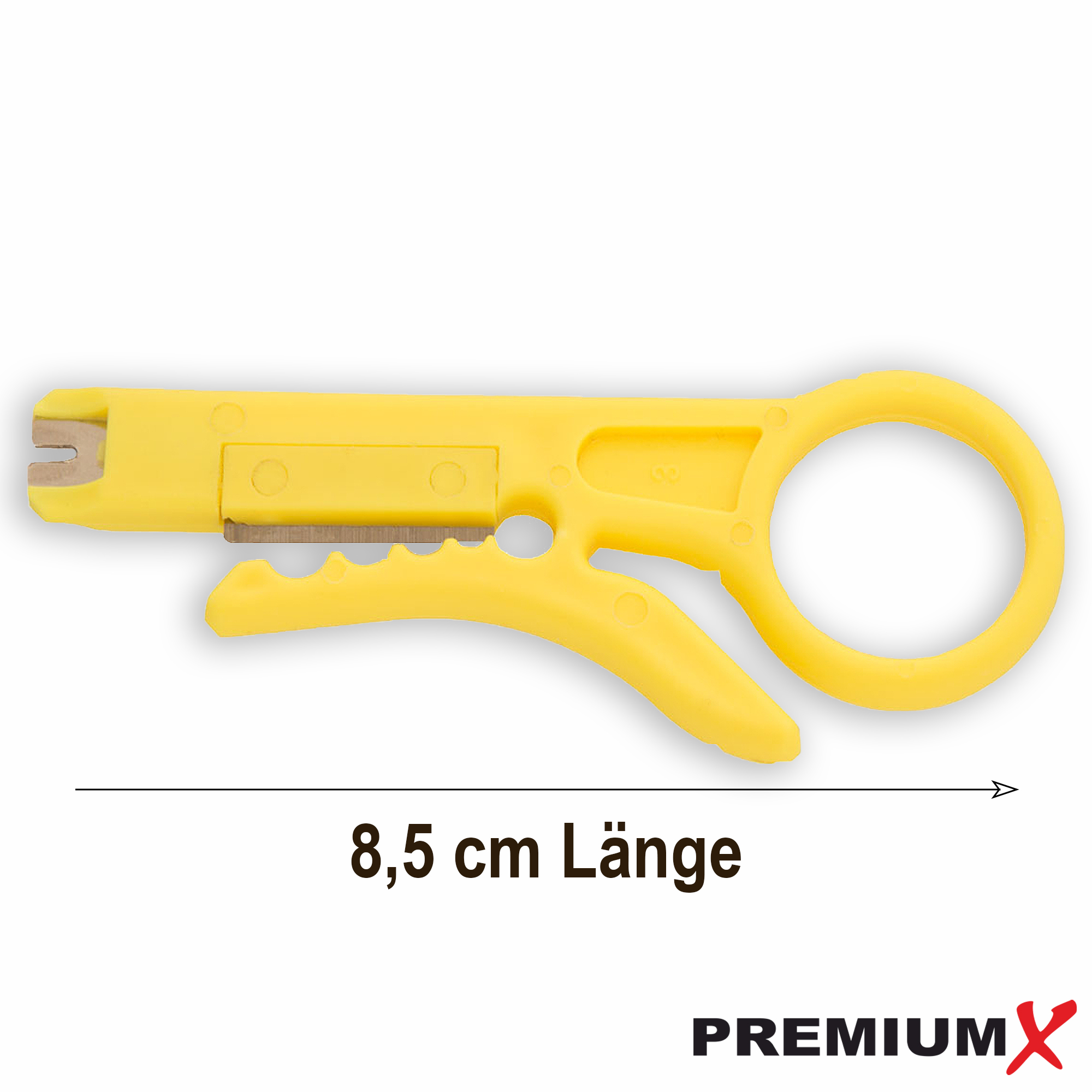 Ein gelbes Kabelabisolierwerkzeug, mit '8,5 cm Länge' und 'PREMIUMX' Text.