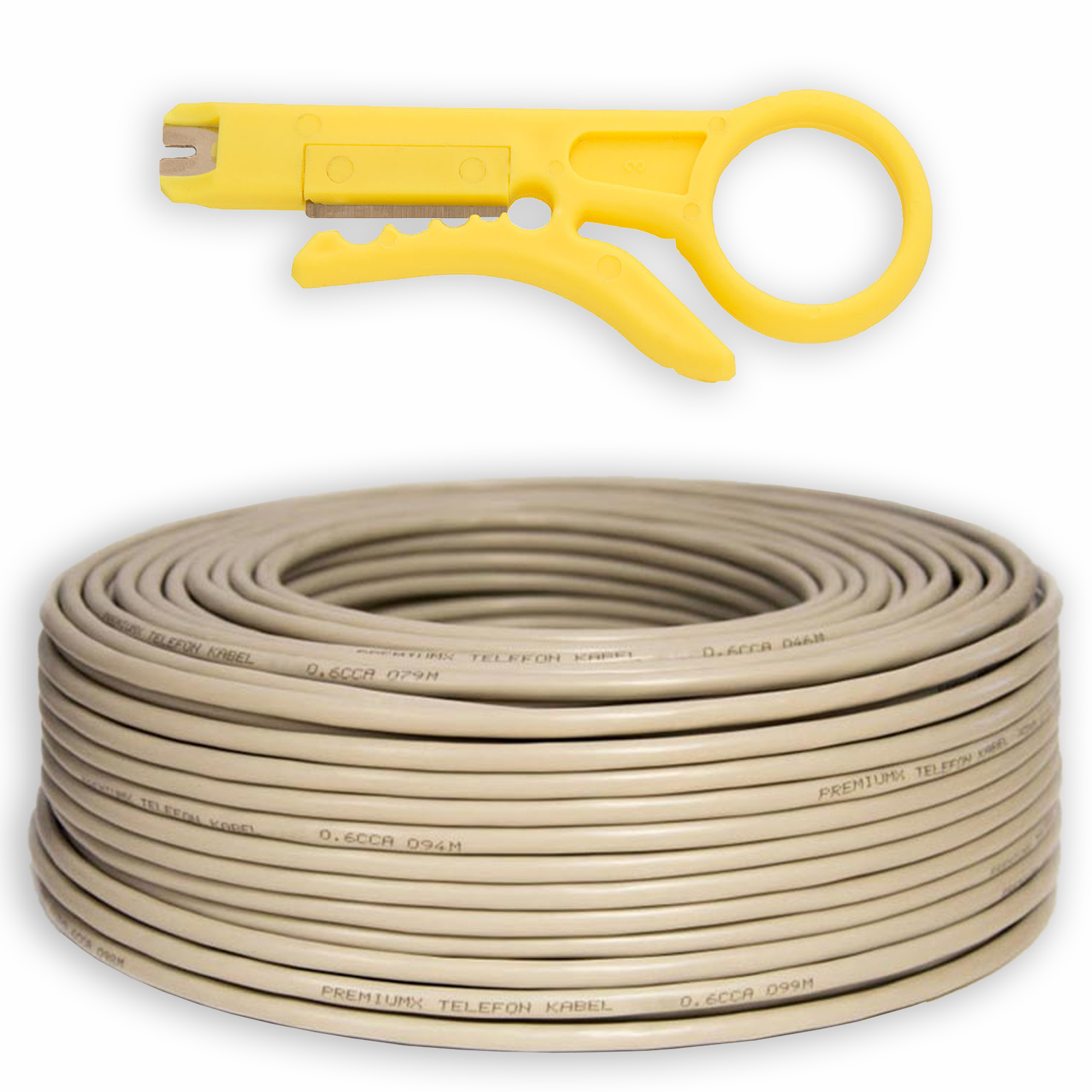 Gelber Kabelabisolierer und eine Rolle beiges Kabel. Der Kabelabisolierer befindet sich oben.