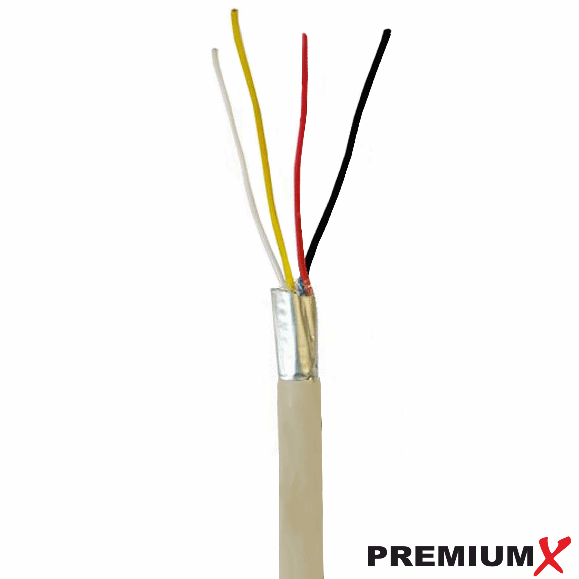 Ein Kabel mit mehrfarbigen Drähten: weiß, gelb, rot und schwarz, mit cremefarbenem Außenmantel.