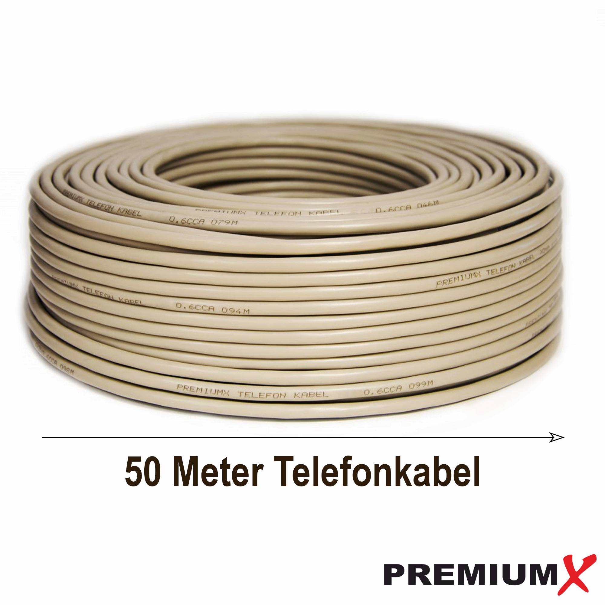 Gerolltes beiges Telefonkabel mit Text.