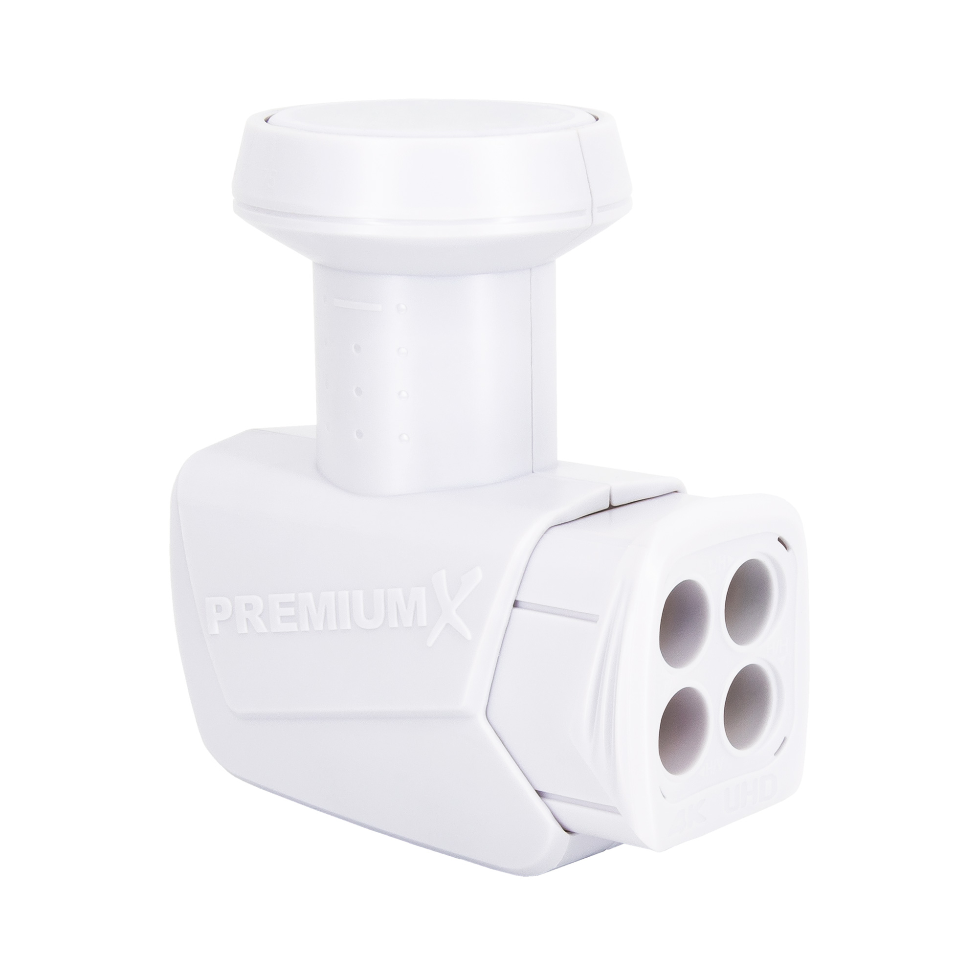 Ein weißer Satelliten-Multischalter mit vier Ausgangsanschlüssen, beschriftet mit 'PREMIUMX'.