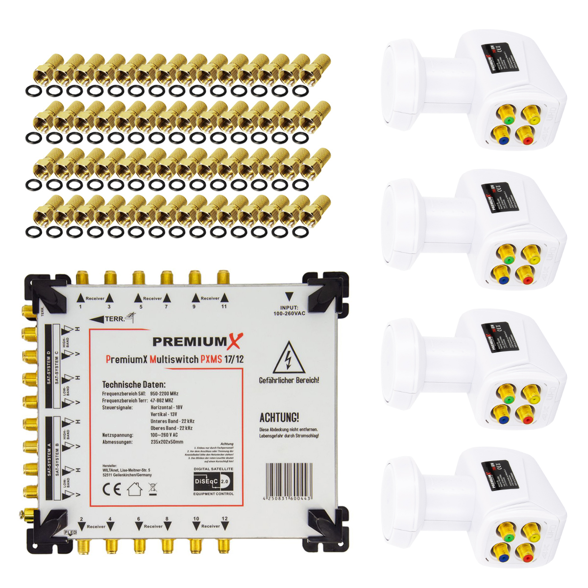 Quattro 17/12 Multischalter 56x PREMIUMX SAT F-Stecker 4x Multiswitch LNB Set weiß Sat-Multischalter