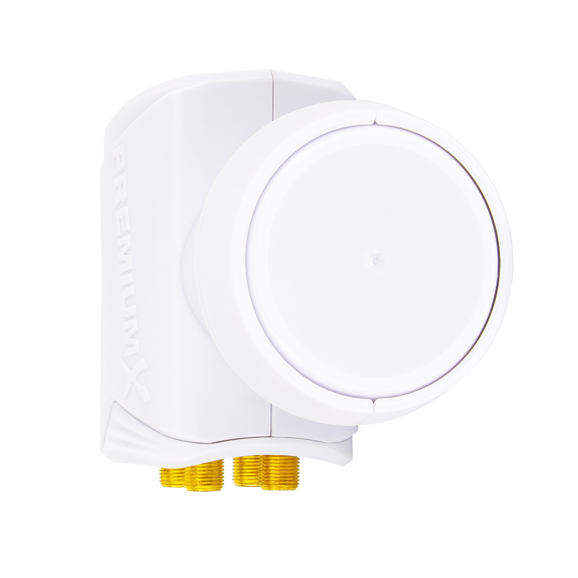 Weißes LNB für Satellitenschüssel mit goldfarbenen Anschlüssen.
