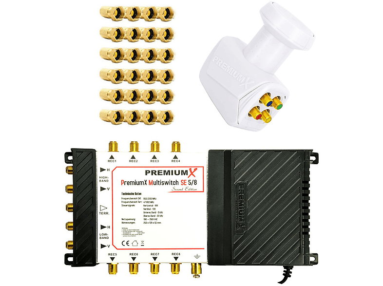 PREMIUMX Multischalter 5/8 Switch mit Quattro LNB in weiß und 24x F-Stecker Sat-Multischalter
