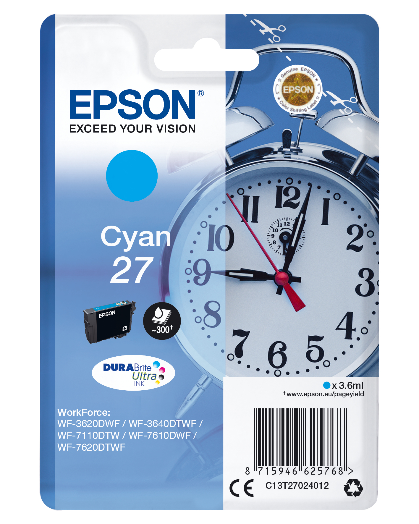 Un emballage de cartouche d'encre cyan Epson avec une image d'horloge. La cartouche est également visible.
