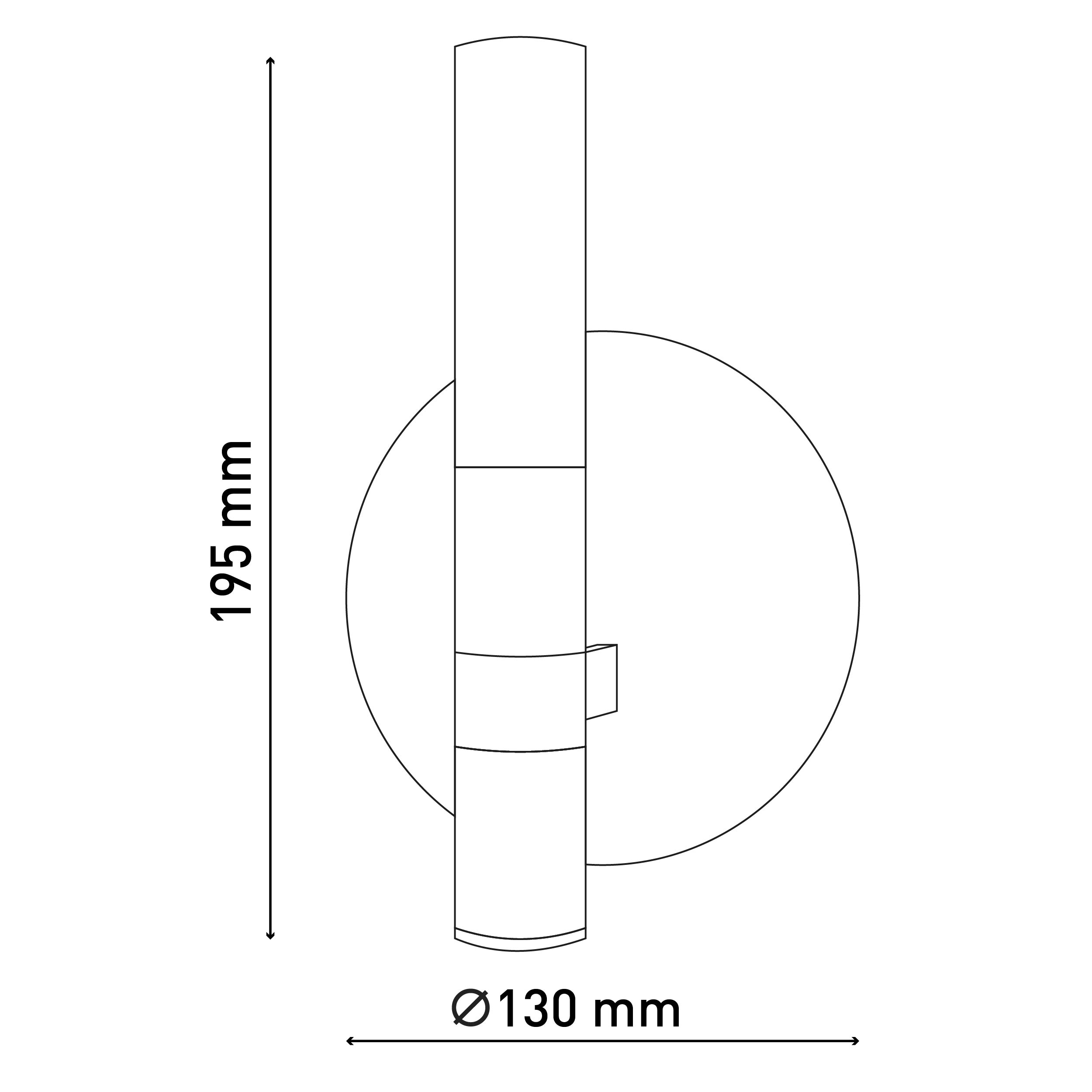 Strichzeichnung einer Wandleuchte mit Abmessungen: 195 mm Höhe, 130 mm Durchmesser.