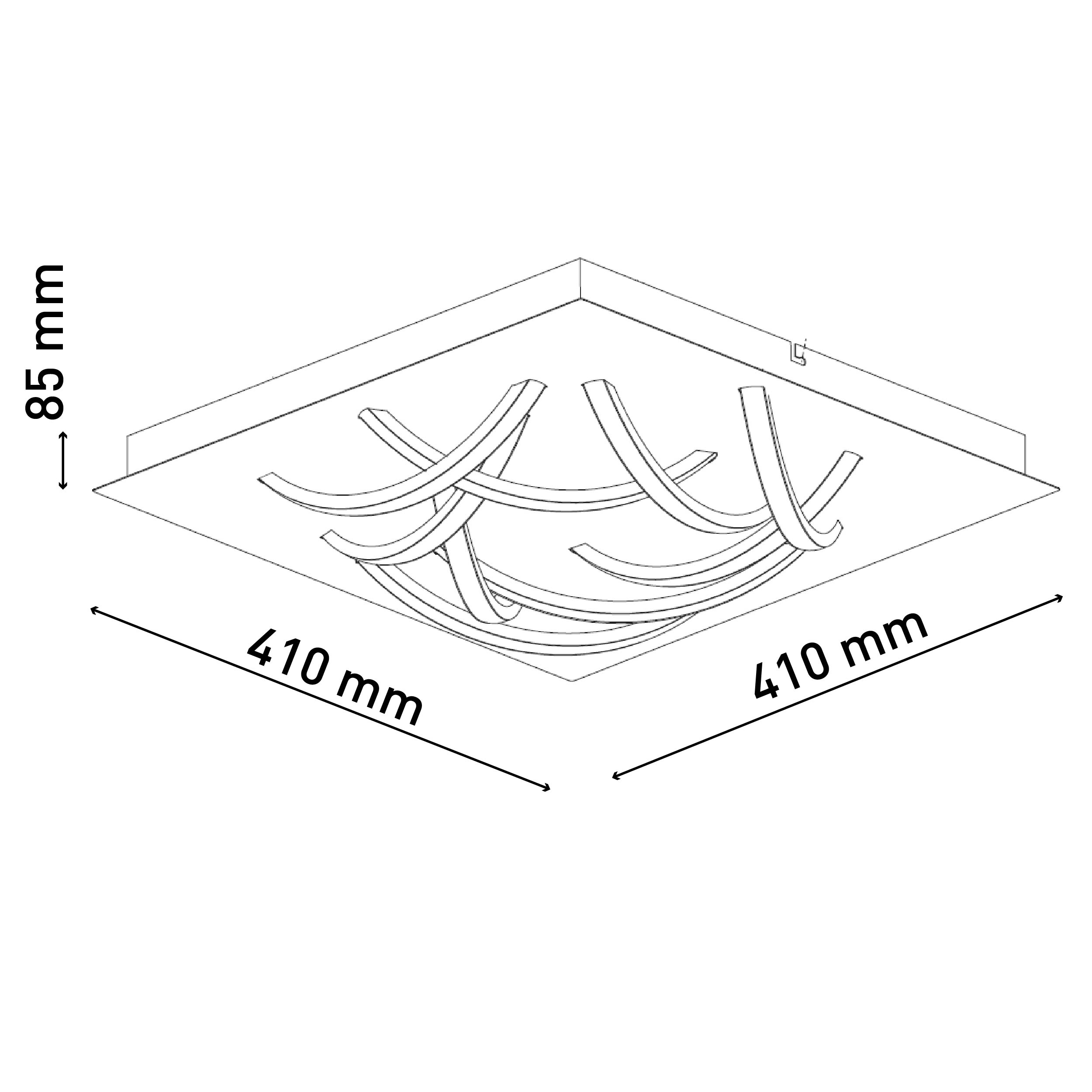 Quadratische Deckenleuchte mit abstraktem geschwungenem Design, Maße angezeigt.