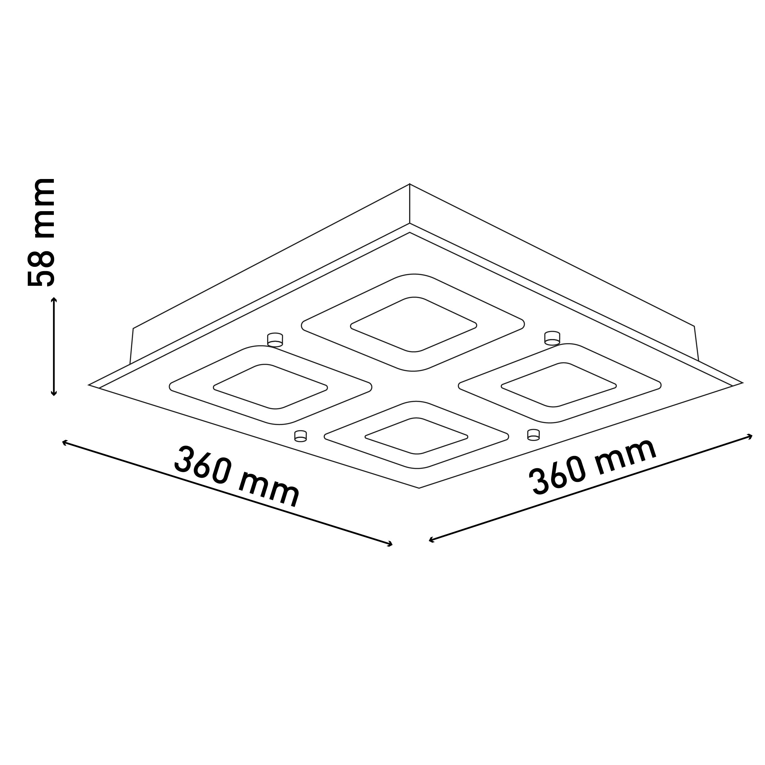 Eine quadratische Deckenleuchte mit vier quadratischen Lichtfeldern und den Abmessungen 360x360x58mm.