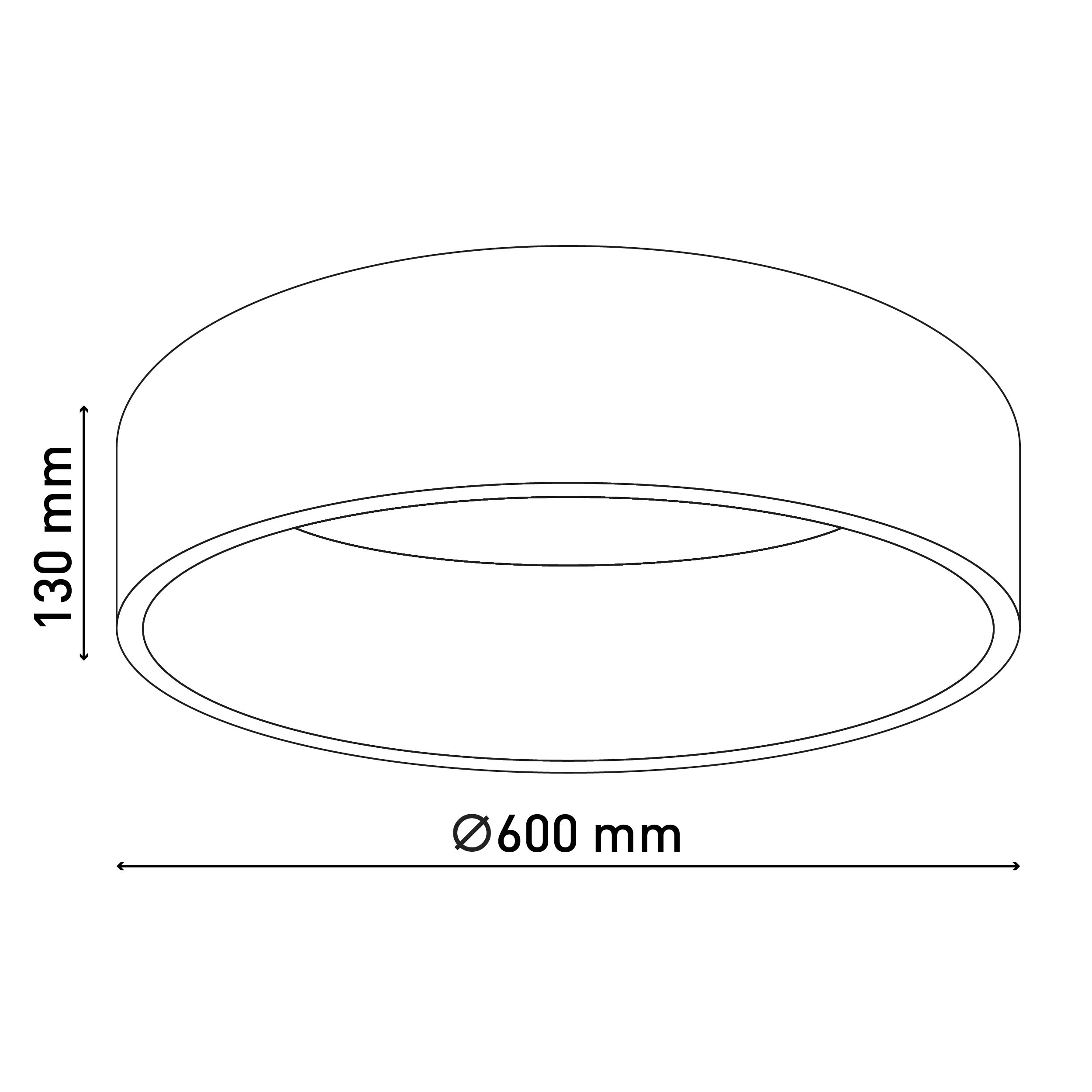 Runde Deckenleuchte mit Maßen in Millimetern, 600 mm Durchmesser, 130 mm Höhe. Weiße Farbe.